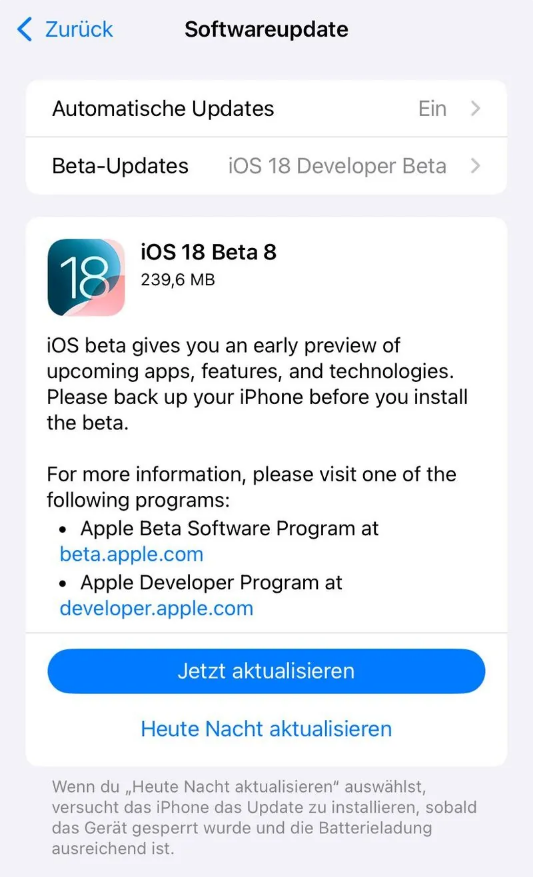 威远苹果手机维修分享苹果 iOS / iPadOS 18 开发者预览版 Beta 8 发布 